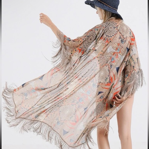 Kimono swimsuit coverup cardigan fringe print NWT - Picture 3 of 3